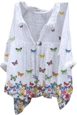 Boho Blouses for Women Plus Size Linen 3/4 Sleeve Button Up V-Neck Boxy Tops Summer Loose Casual Vacation Beach Shirts Tops