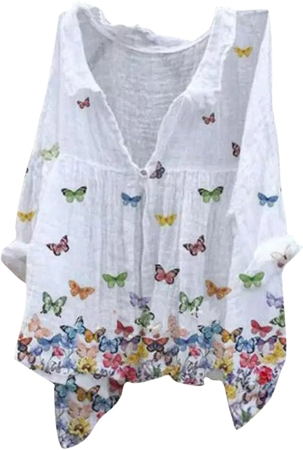 Boho Blouses for Women Plus Size Linen 3/4 Sleeve Button Up V-Neck Boxy Tops Summer Loose Casual Vacation Beach Shirts Tops