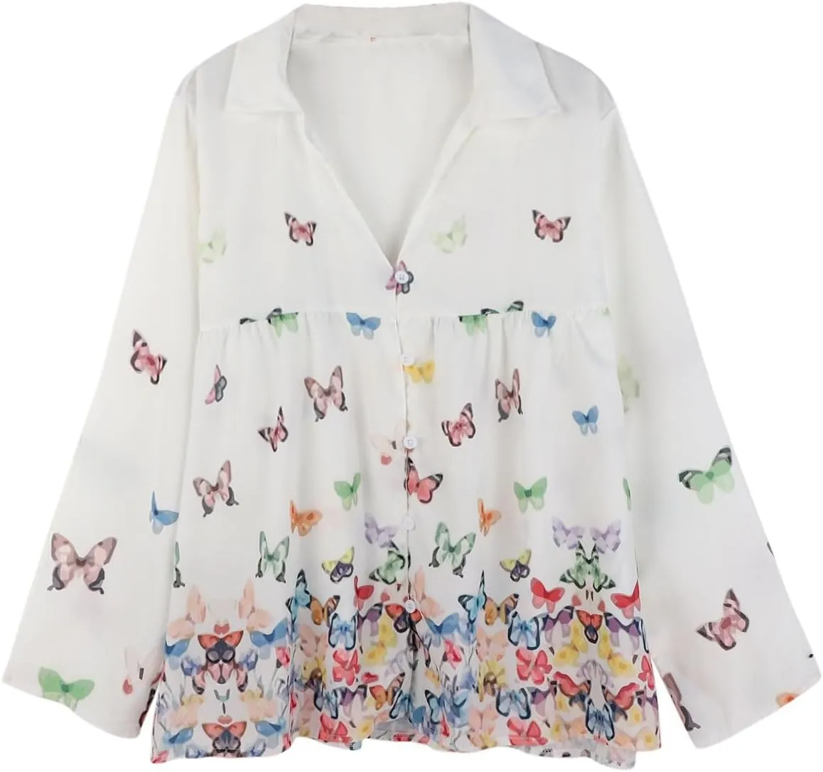 Boho Blouses for Women Plus Size Linen 3/4 Sleeve Button Up V-Neck Boxy Tops Summer Loose Casual Vacation Beach Shirts Tops