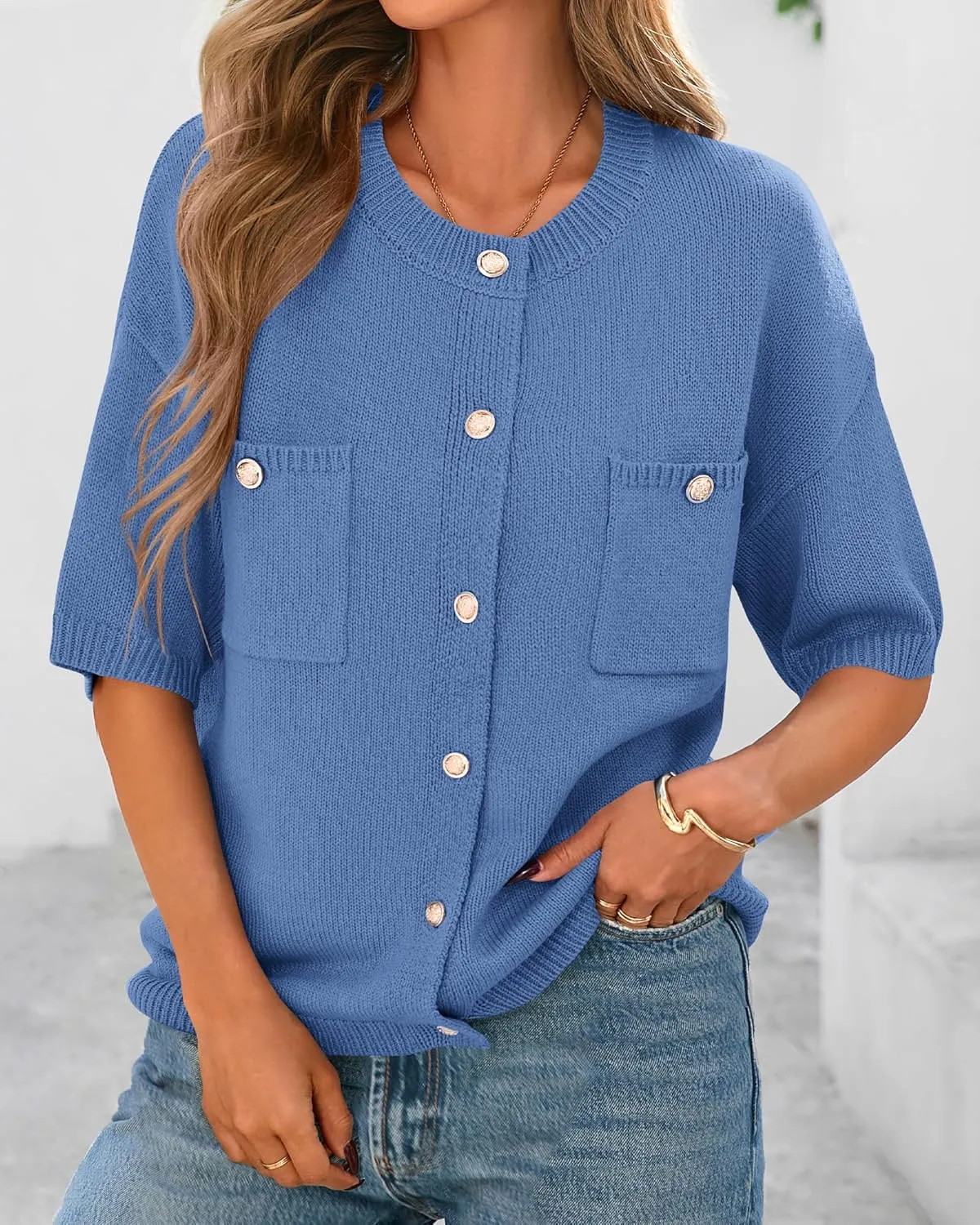 BTFBM Short Sleeve Cardigans for Women Button Up Sweaters Y2k Spring Summer 2025 Crew Neck Business Casual Work Clothes