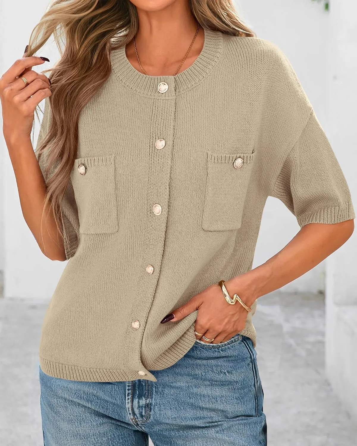 BTFBM Short Sleeve Cardigans for Women Button Up Sweaters Y2k Spring Summer 2025 Crew Neck Business Casual Work Clothes