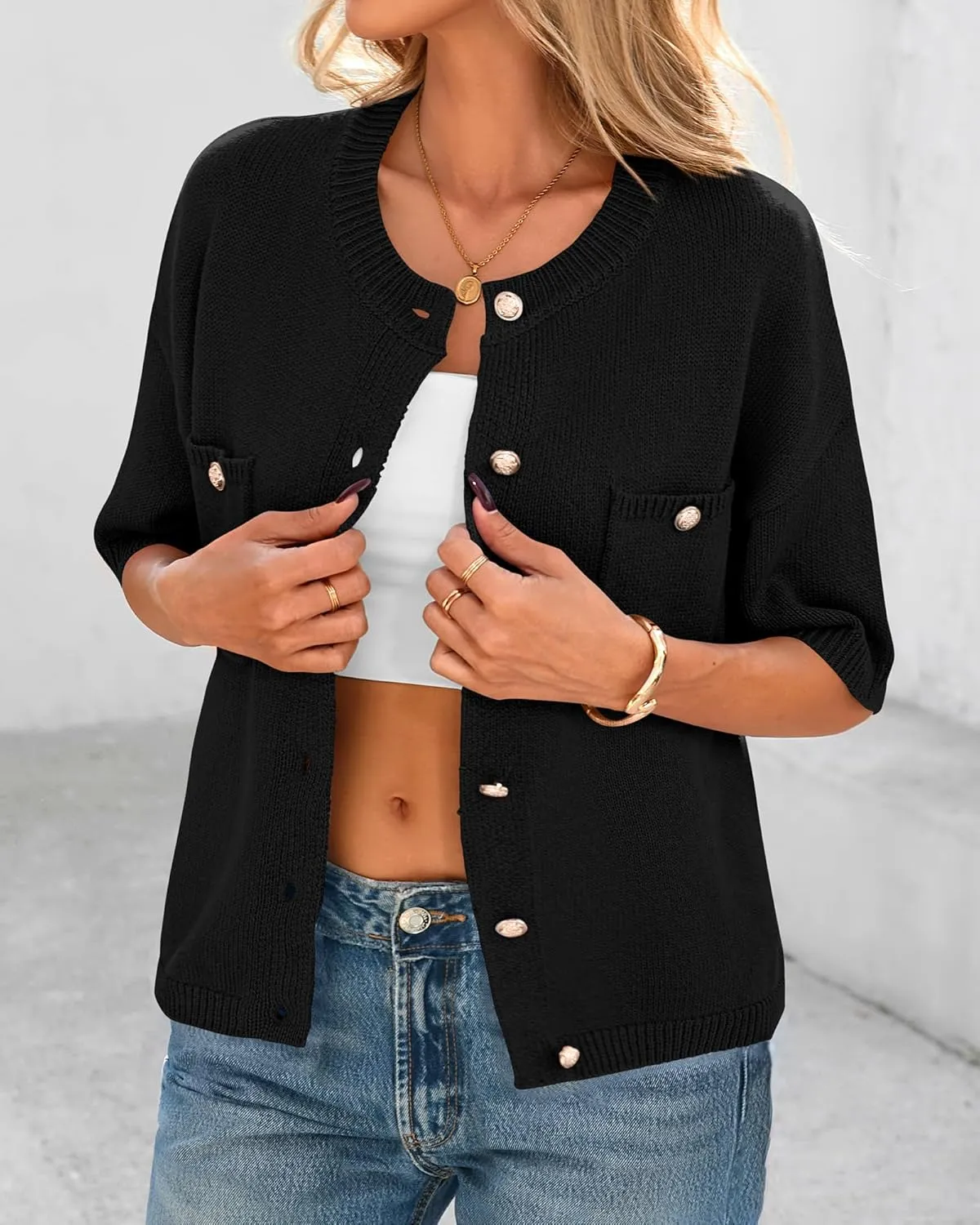 BTFBM Short Sleeve Cardigans for Women Button Up Sweaters Y2k Spring Summer 2025 Crew Neck Business Casual Work Clothes