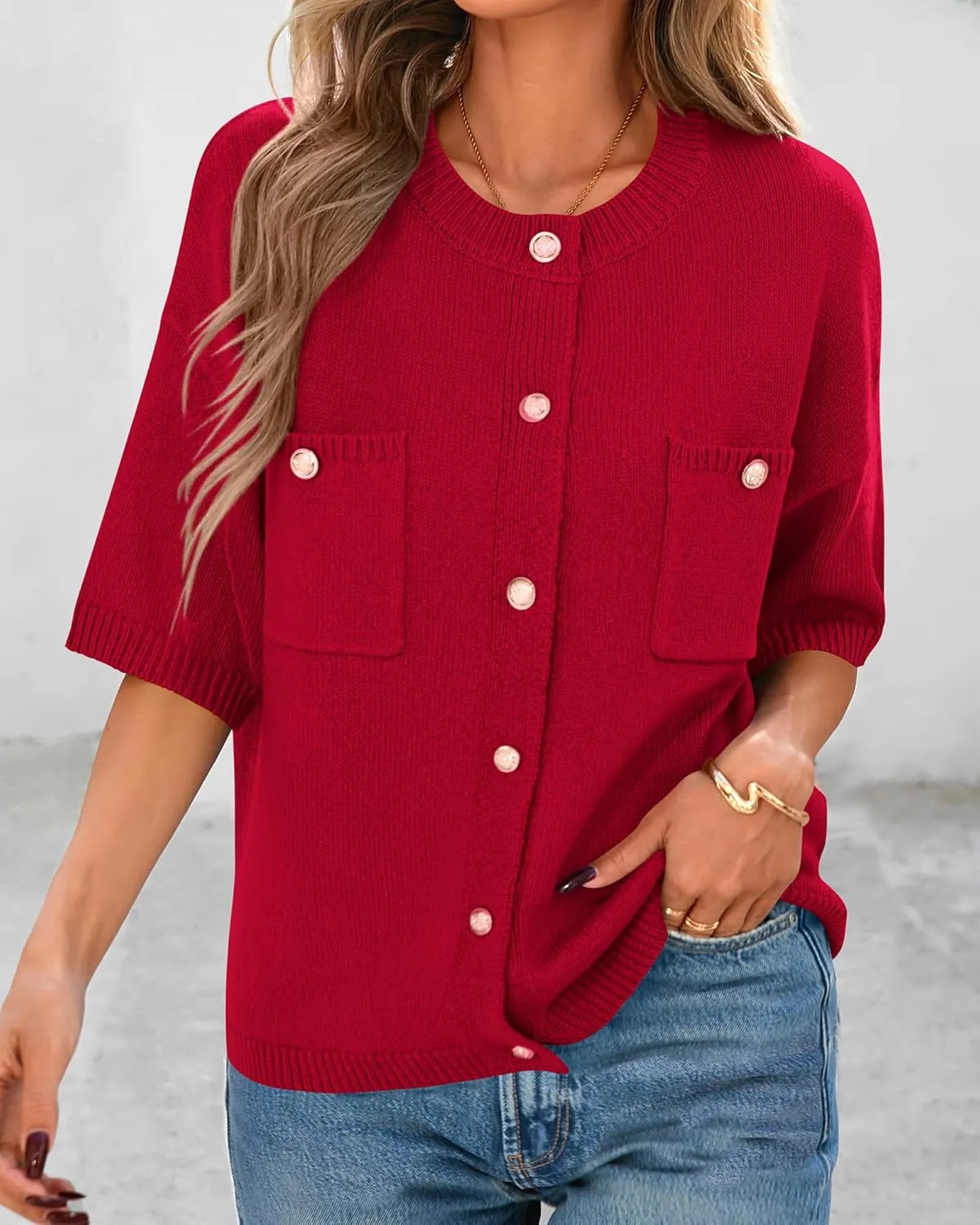 BTFBM Short Sleeve Cardigans for Women Button Up Sweaters Y2k Spring Summer 2025 Crew Neck Business Casual Work Clothes
