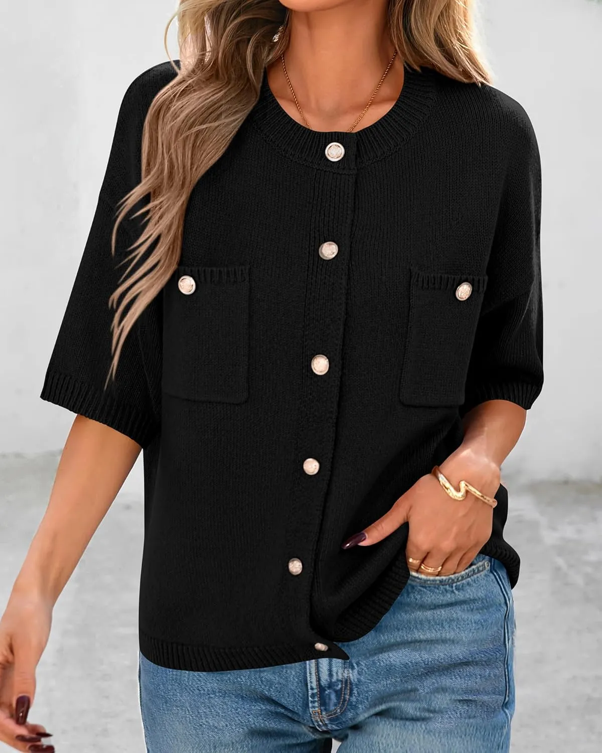 BTFBM Short Sleeve Cardigans for Women Button Up Sweaters Y2k Spring Summer 2025 Crew Neck Business Casual Work Clothes