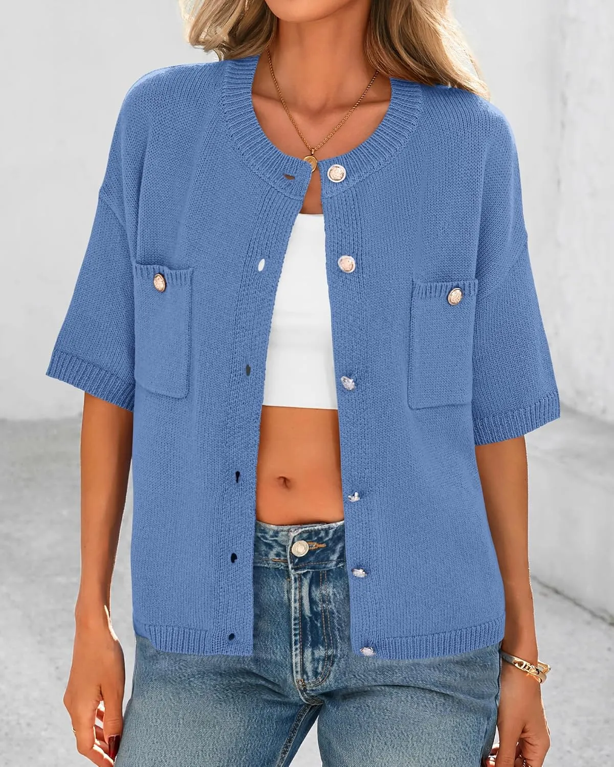 BTFBM Short Sleeve Cardigans for Women Button Up Sweaters Y2k Spring Summer 2025 Crew Neck Business Casual Work Clothes