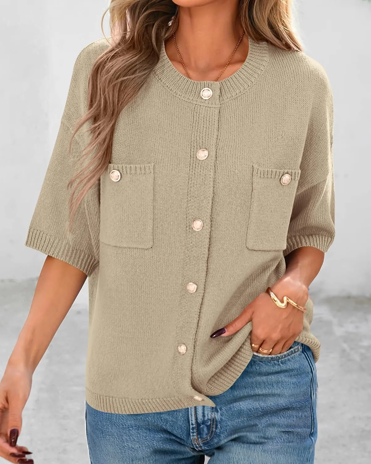 BTFBM Short Sleeve Cardigans for Women Button Up Sweaters Y2k Spring Summer 2025 Crew Neck Business Casual Work Clothes
