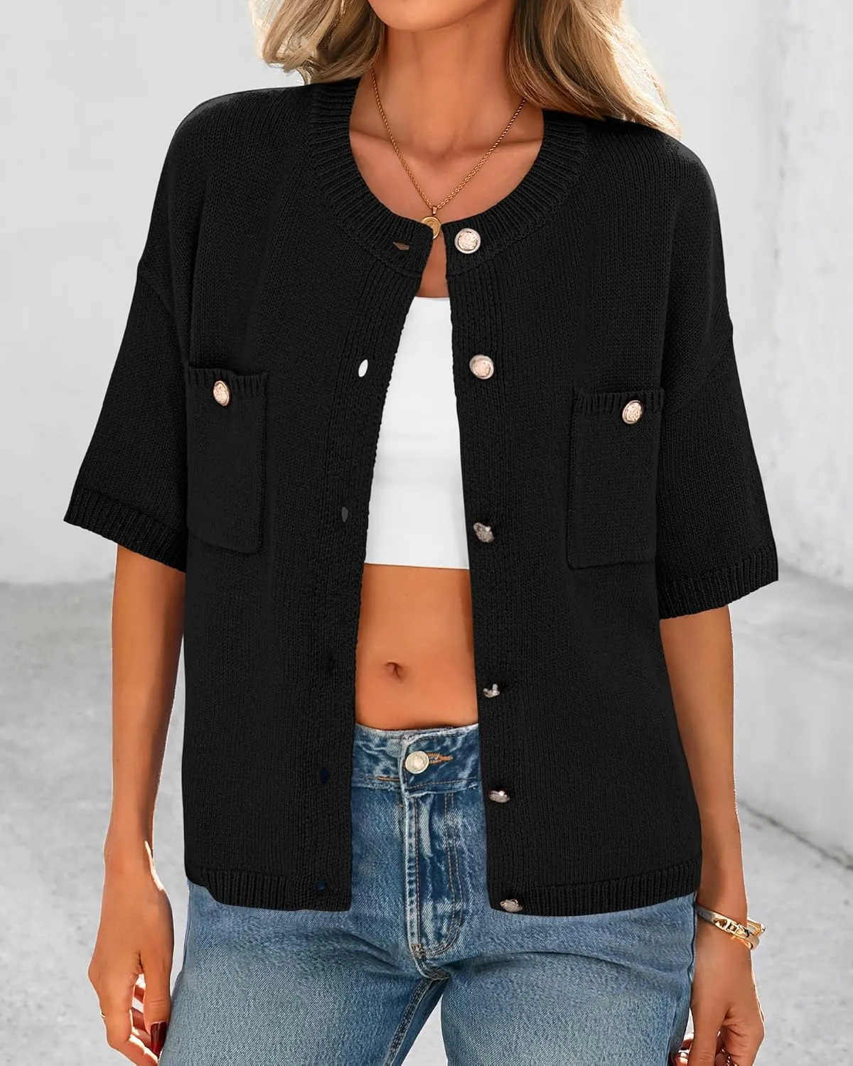 BTFBM Short Sleeve Cardigans for Women Button Up Sweaters Y2k Spring Summer 2025 Crew Neck Business Casual Work Clothes