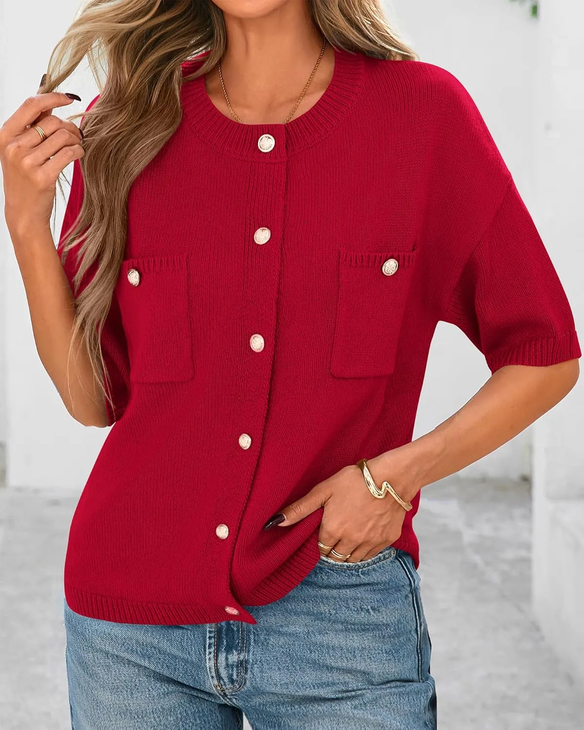 BTFBM Short Sleeve Cardigans for Women Button Up Sweaters Y2k Spring Summer 2025 Crew Neck Business Casual Work Clothes