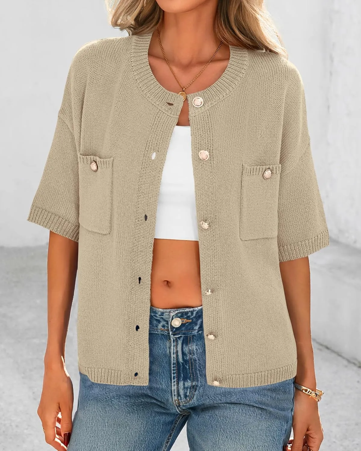 BTFBM Short Sleeve Cardigans for Women Button Up Sweaters Y2k Spring Summer 2025 Crew Neck Business Casual Work Clothes