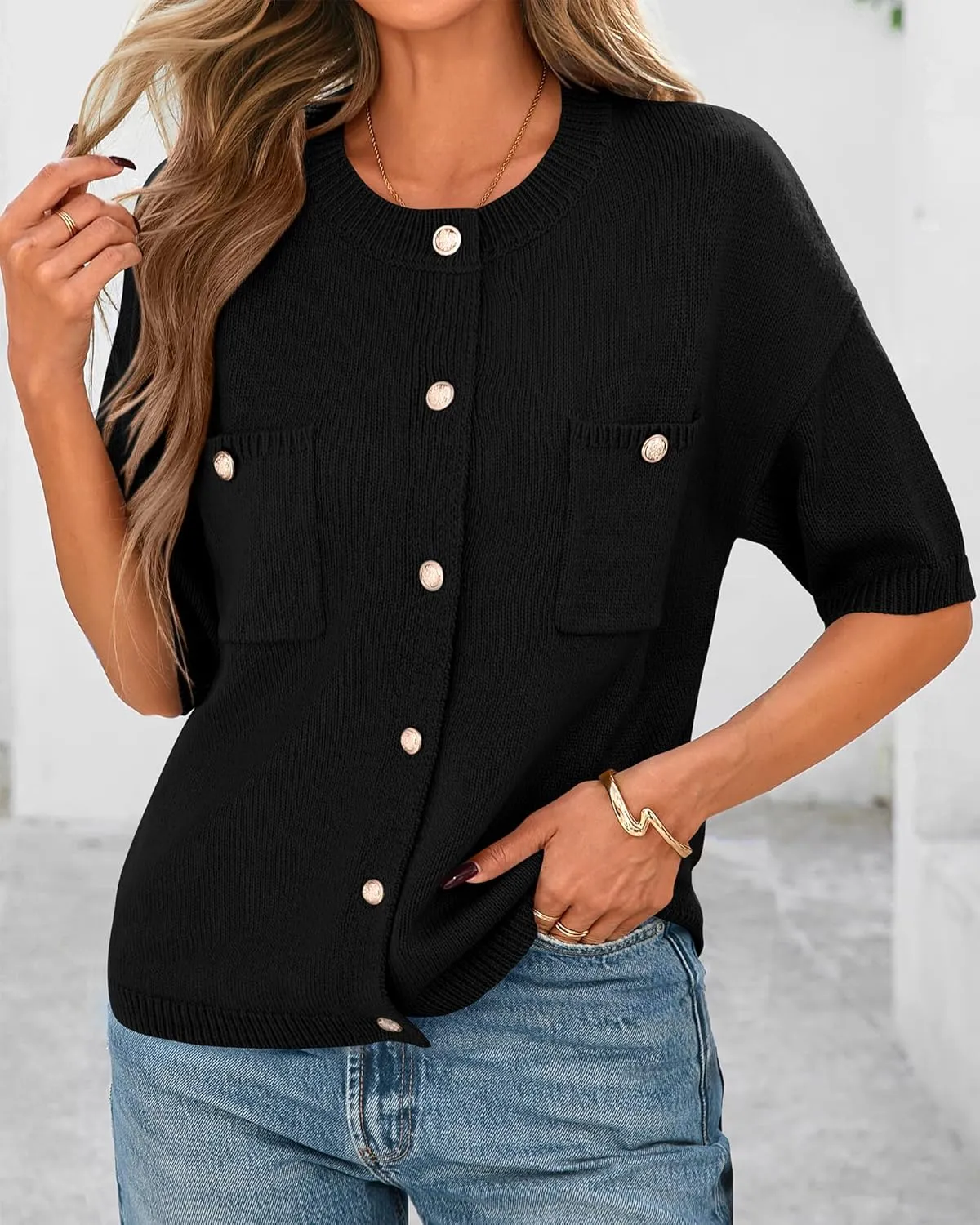 BTFBM Short Sleeve Cardigans for Women Button Up Sweaters Y2k Spring Summer 2025 Crew Neck Business Casual Work Clothes
