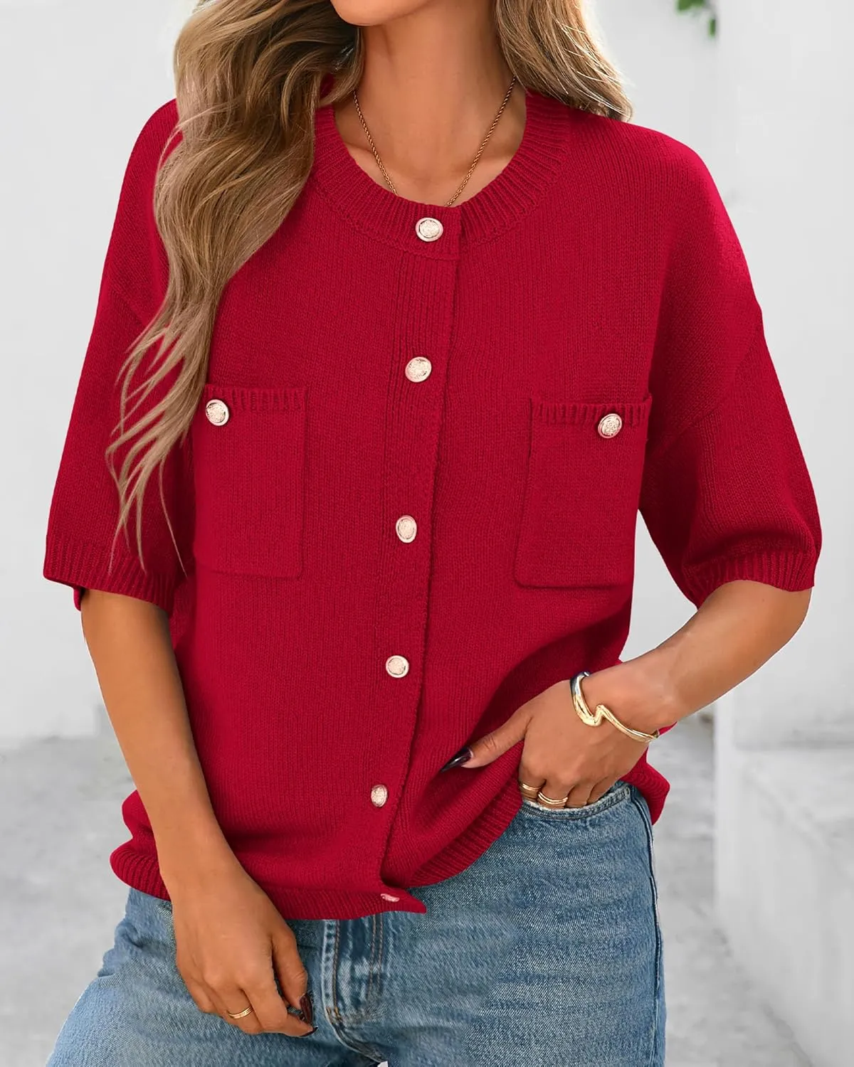 BTFBM Short Sleeve Cardigans for Women Button Up Sweaters Y2k Spring Summer 2025 Crew Neck Business Casual Work Clothes
