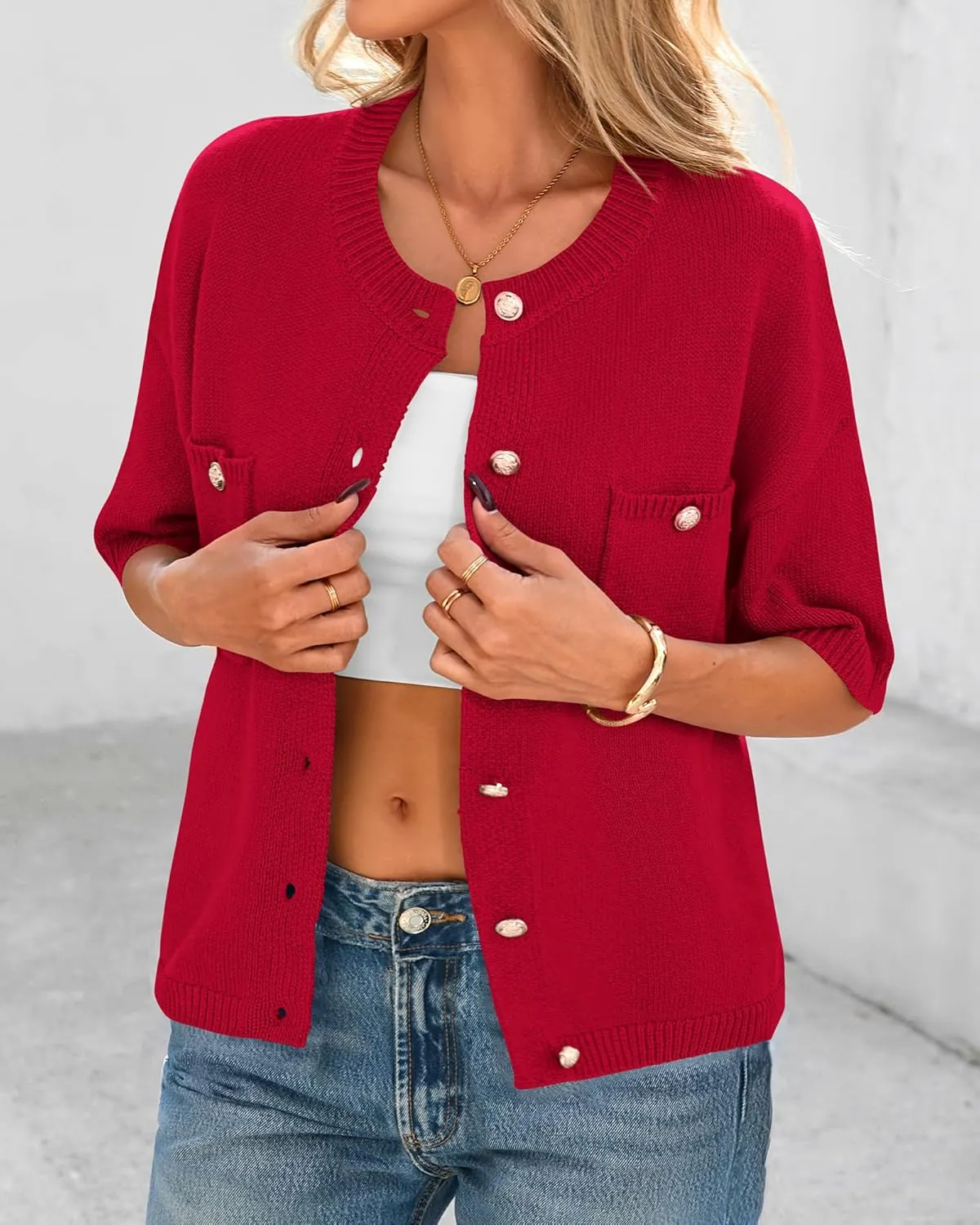 BTFBM Short Sleeve Cardigans for Women Button Up Sweaters Y2k Spring Summer 2025 Crew Neck Business Casual Work Clothes