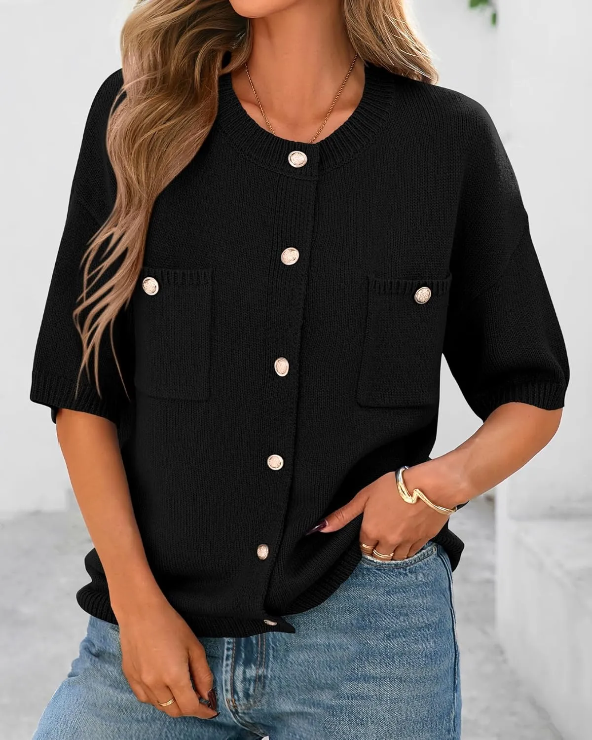 BTFBM Short Sleeve Cardigans for Women Button Up Sweaters Y2k Spring Summer 2025 Crew Neck Business Casual Work Clothes