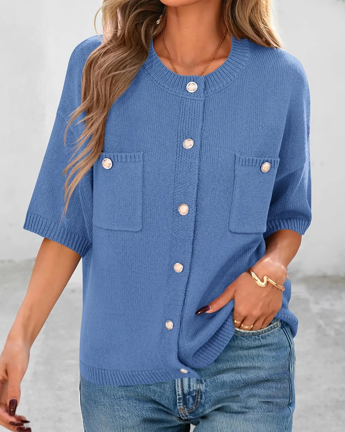 BTFBM Short Sleeve Cardigans for Women Button Up Sweaters Y2k Spring Summer 2025 Crew Neck Business Casual Work Clothes
