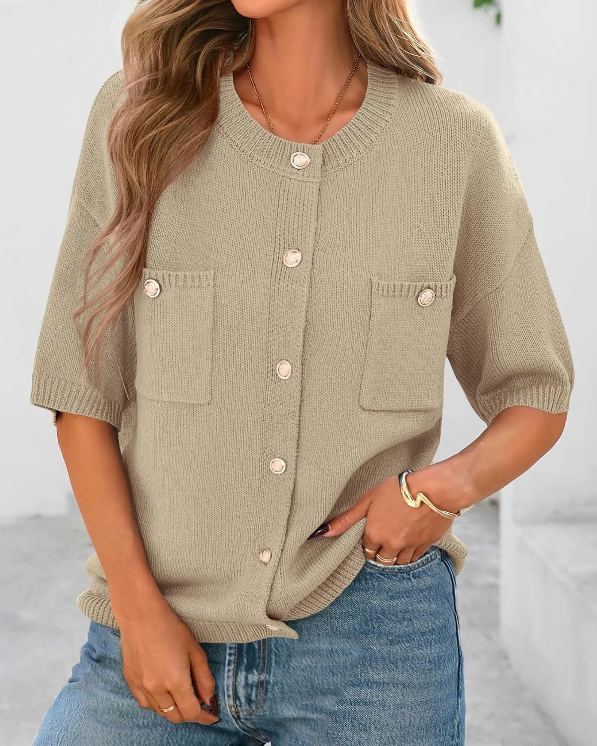 BTFBM Short Sleeve Cardigans for Women Button Up Sweaters Y2k Spring Summer 2025 Crew Neck Business Casual Work Clothes