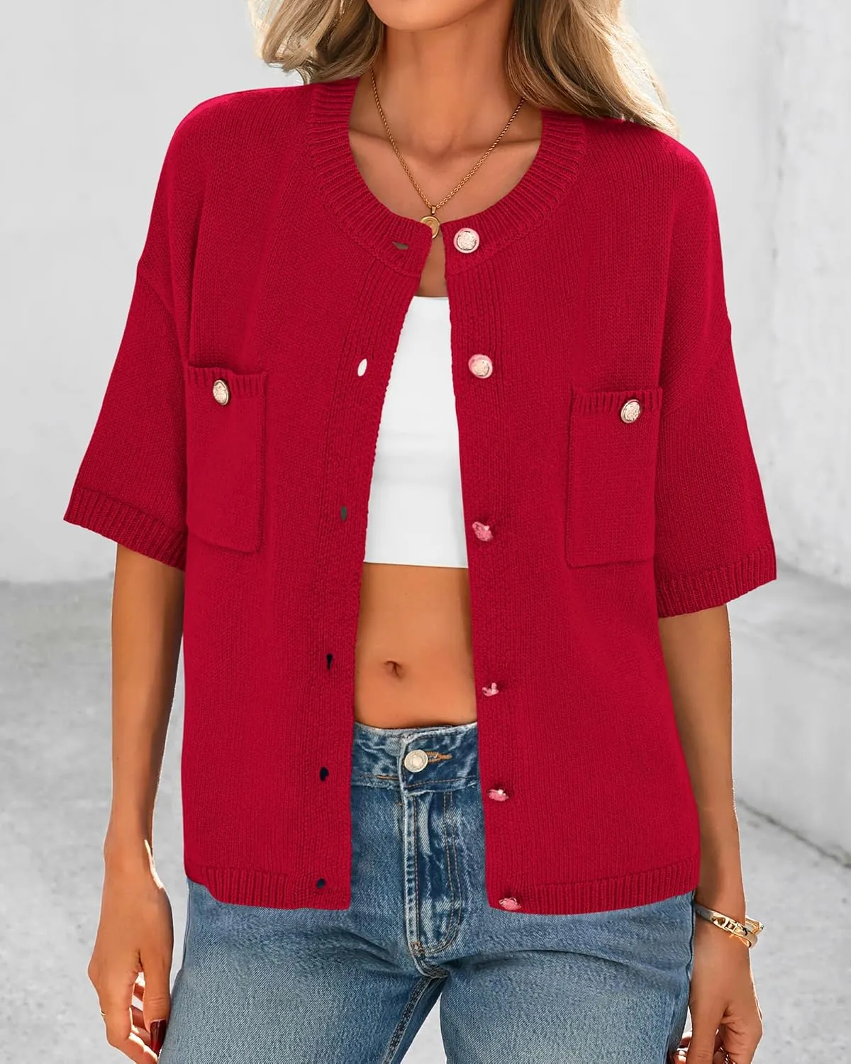 BTFBM Short Sleeve Cardigans for Women Button Up Sweaters Y2k Spring Summer 2025 Crew Neck Business Casual Work Clothes
