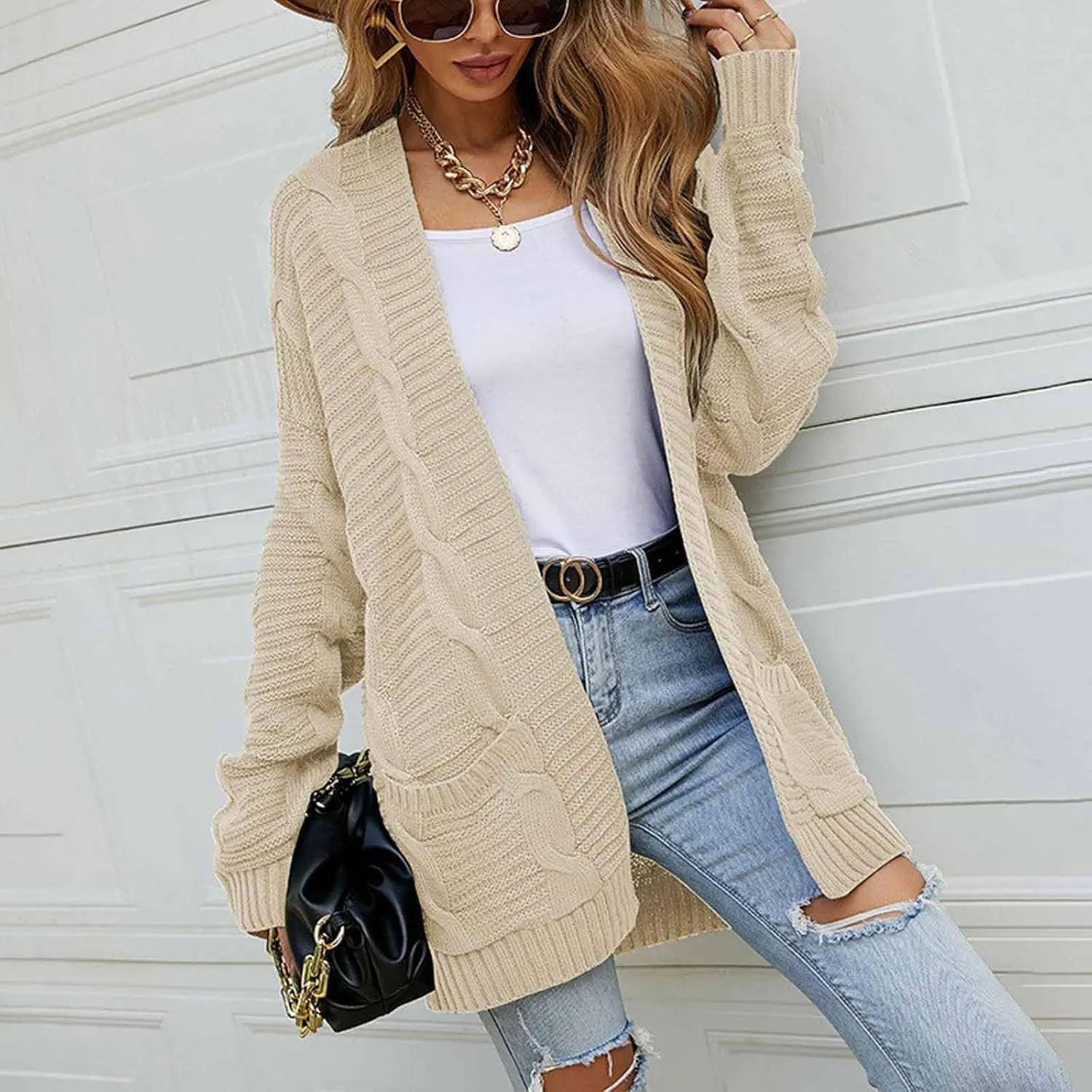 Cable Knit Cardigan Women Trendy Oversized Chunky Cardigan Sweaters Long Sleeve Open Front Cardigan with Pockets