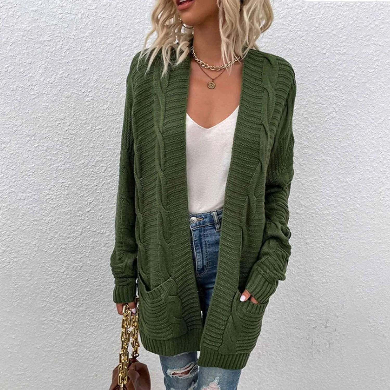 Cable Knit Cardigan Women Trendy Oversized Chunky Cardigan Sweaters Long Sleeve Open Front Cardigan with Pockets