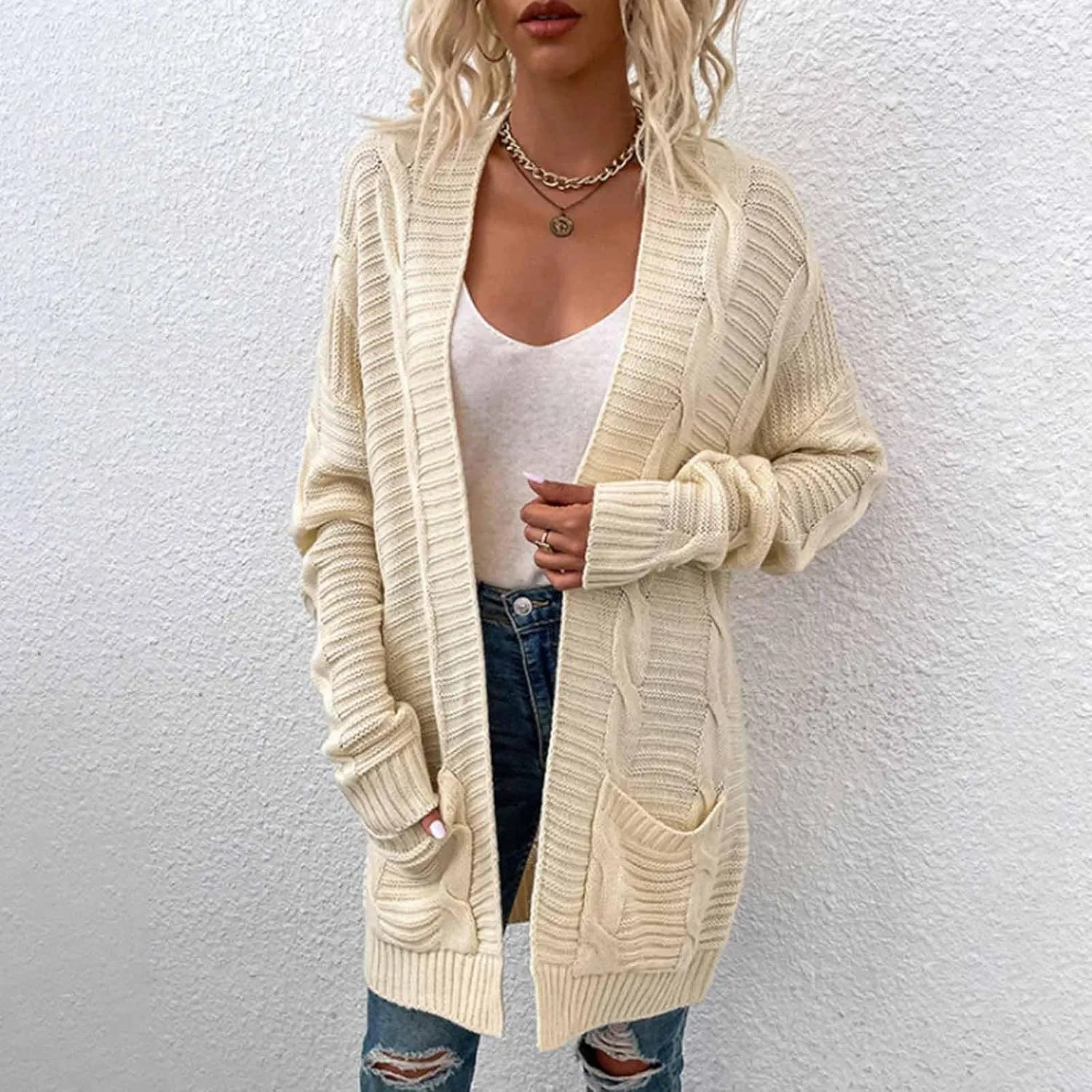 Cable Knit Cardigan Women Trendy Oversized Chunky Cardigan Sweaters Long Sleeve Open Front Cardigan with Pockets