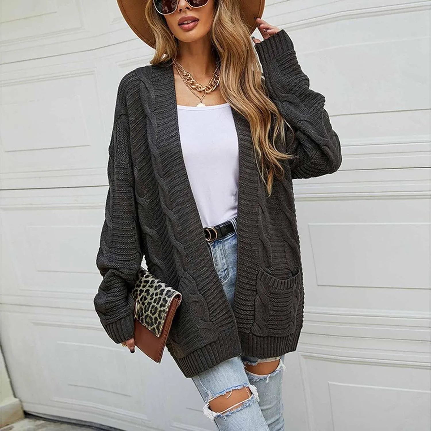 Cable Knit Sweater Women Oversized Long Sleeve Chunky Cardigan Comfy Open Front Cardigan with Pockets