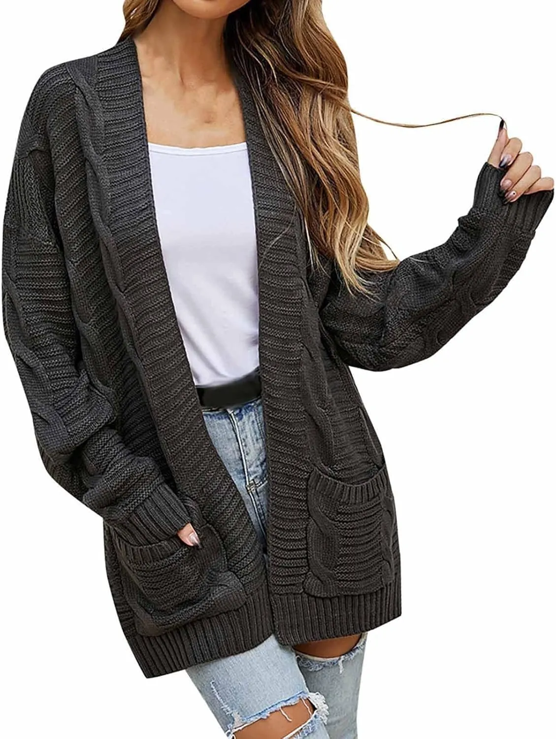 Cable Knit Sweater Women Oversized Long Sleeve Chunky Cardigan Comfy Open Front Cardigan with Pockets