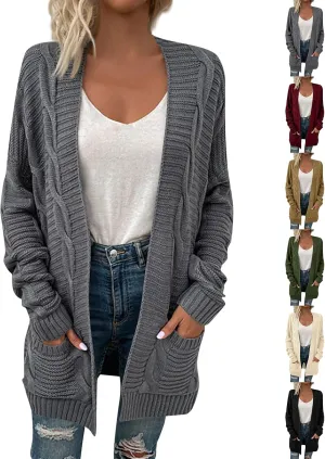 Cable Knit Sweater Women Oversized Long Sleeve Chunky Cardigan Comfy Open Front Cardigan with Pockets