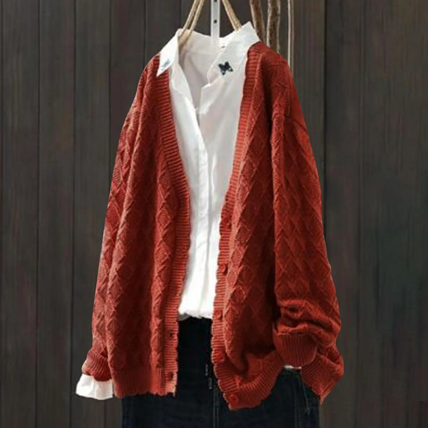 Cable Knit Sweater Women V Neck Button up Solid Color Long Sleeve Fall Sweaters Preppy Casual Oversized Cardigans