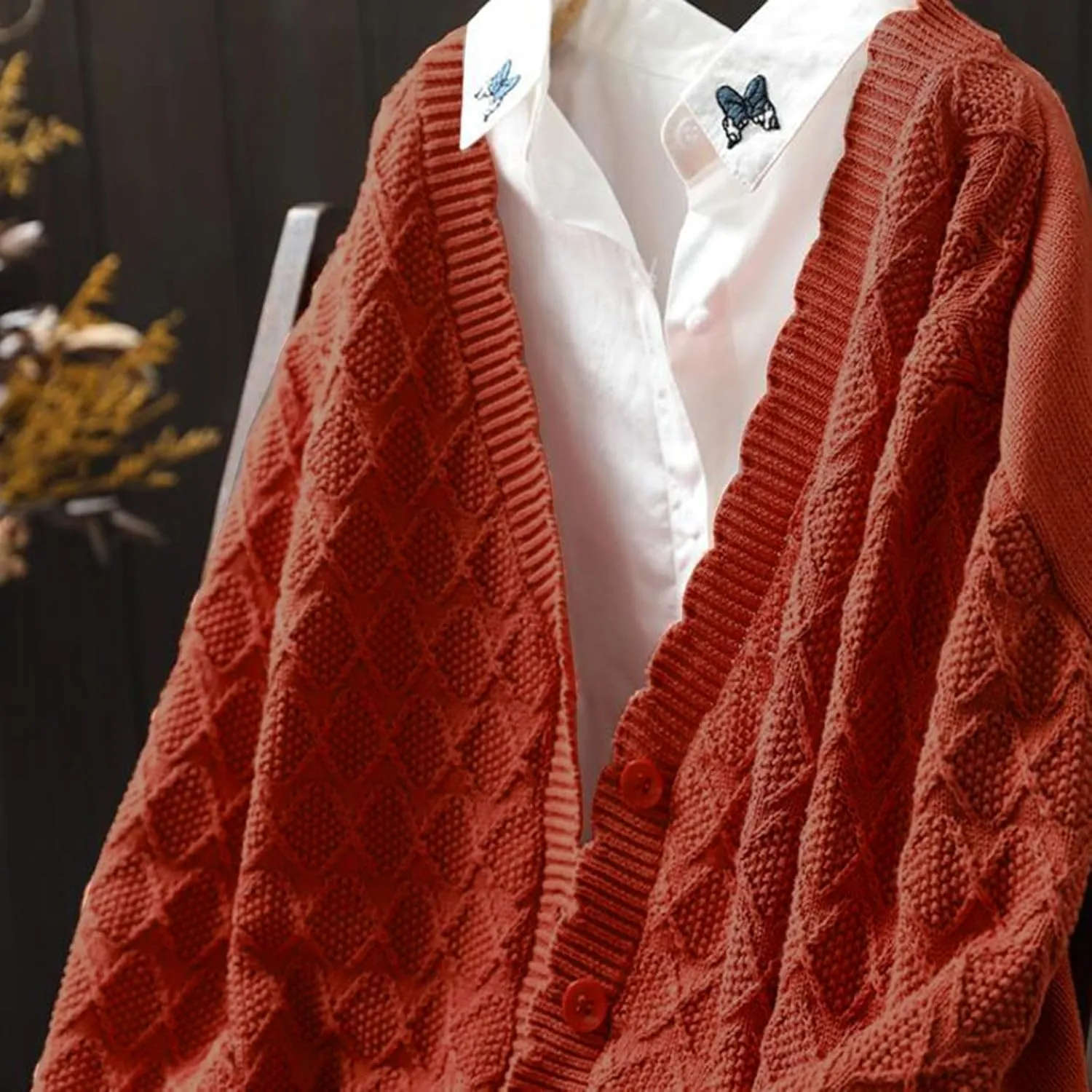 Cable Knit Sweater Women V Neck Button up Solid Color Long Sleeve Fall Sweaters Preppy Casual Oversized Cardigans