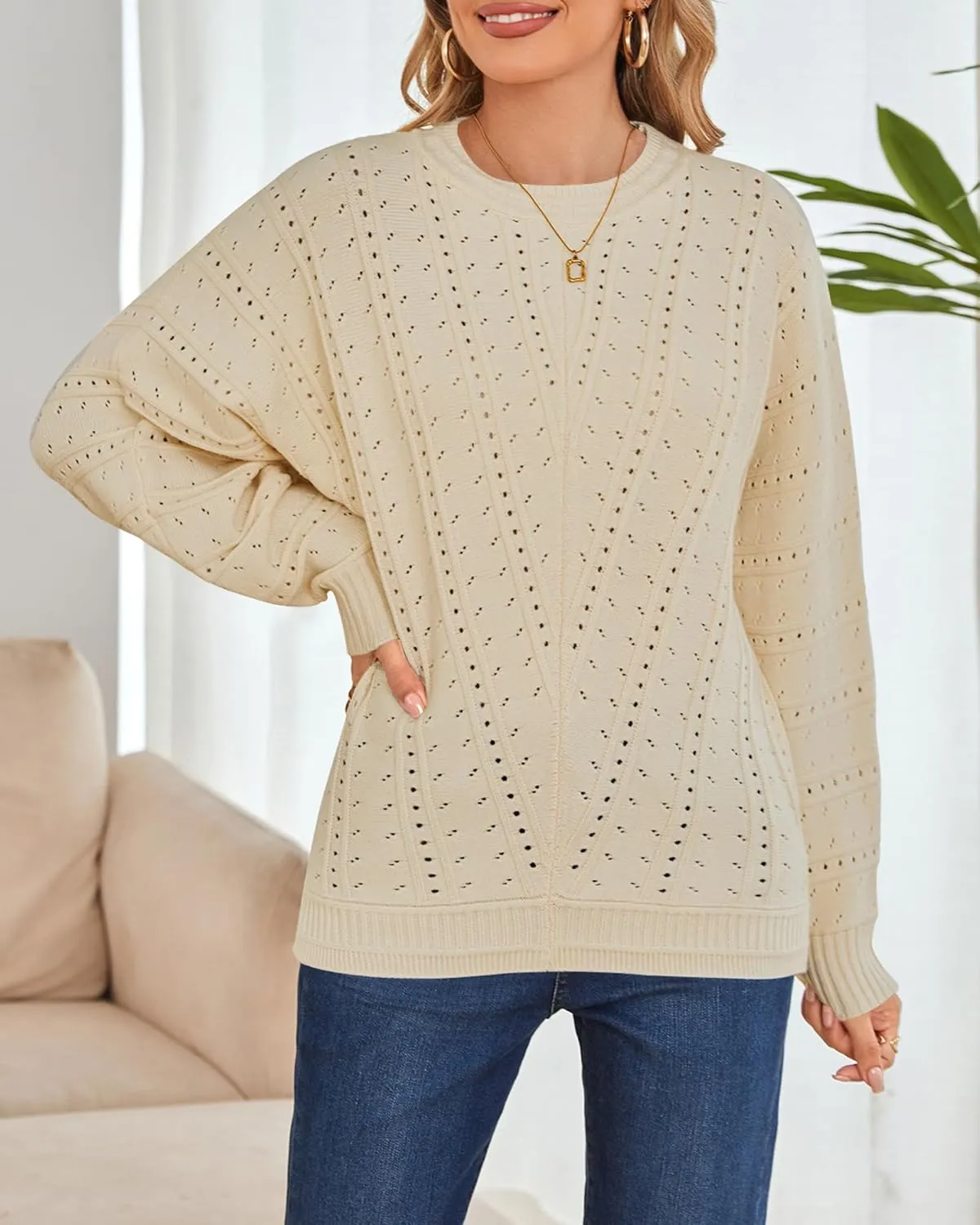 Cakulo Womens 2024 Sweaters Oversized Fall Tunic Batwing Crochet Pullover Knit Sweater Trendy Crew Neck Top