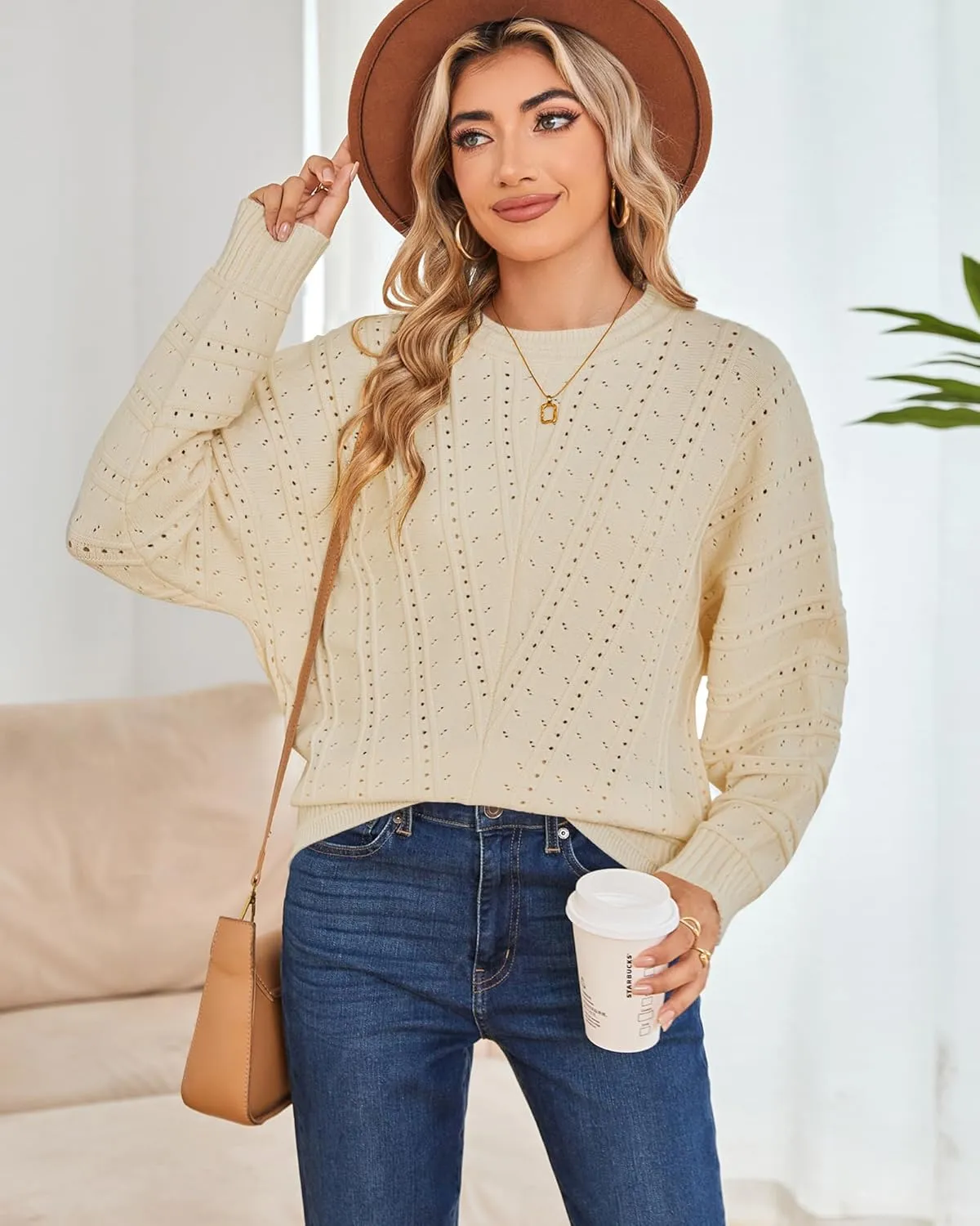 Cakulo Womens 2024 Sweaters Oversized Fall Tunic Batwing Crochet Pullover Knit Sweater Trendy Crew Neck Top