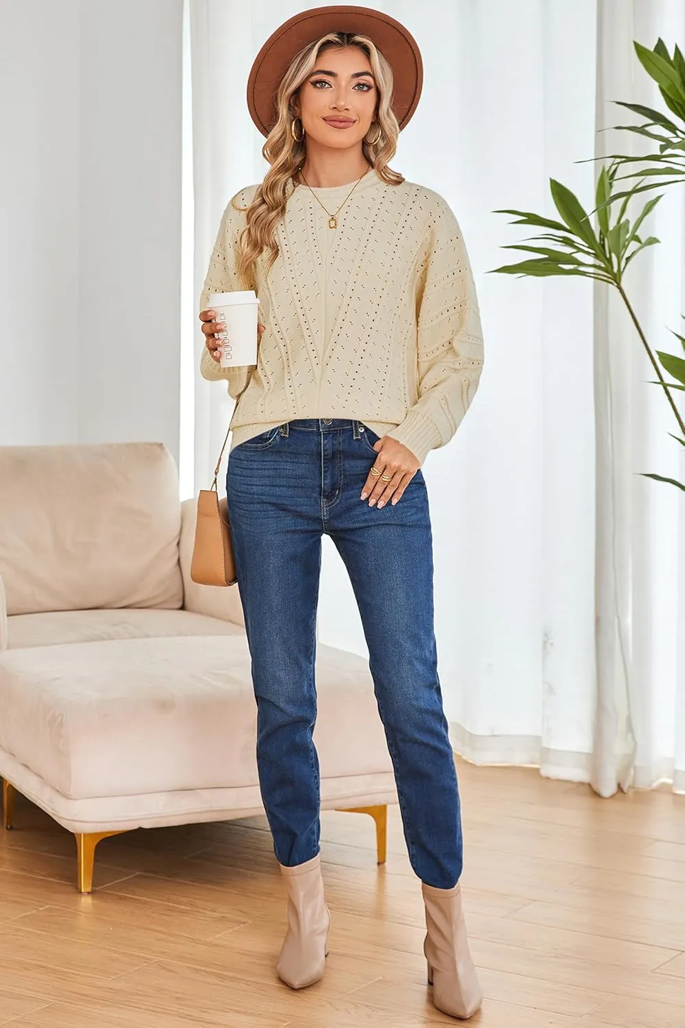Cakulo Womens 2024 Sweaters Oversized Fall Tunic Batwing Crochet Pullover Knit Sweater Trendy Crew Neck Top