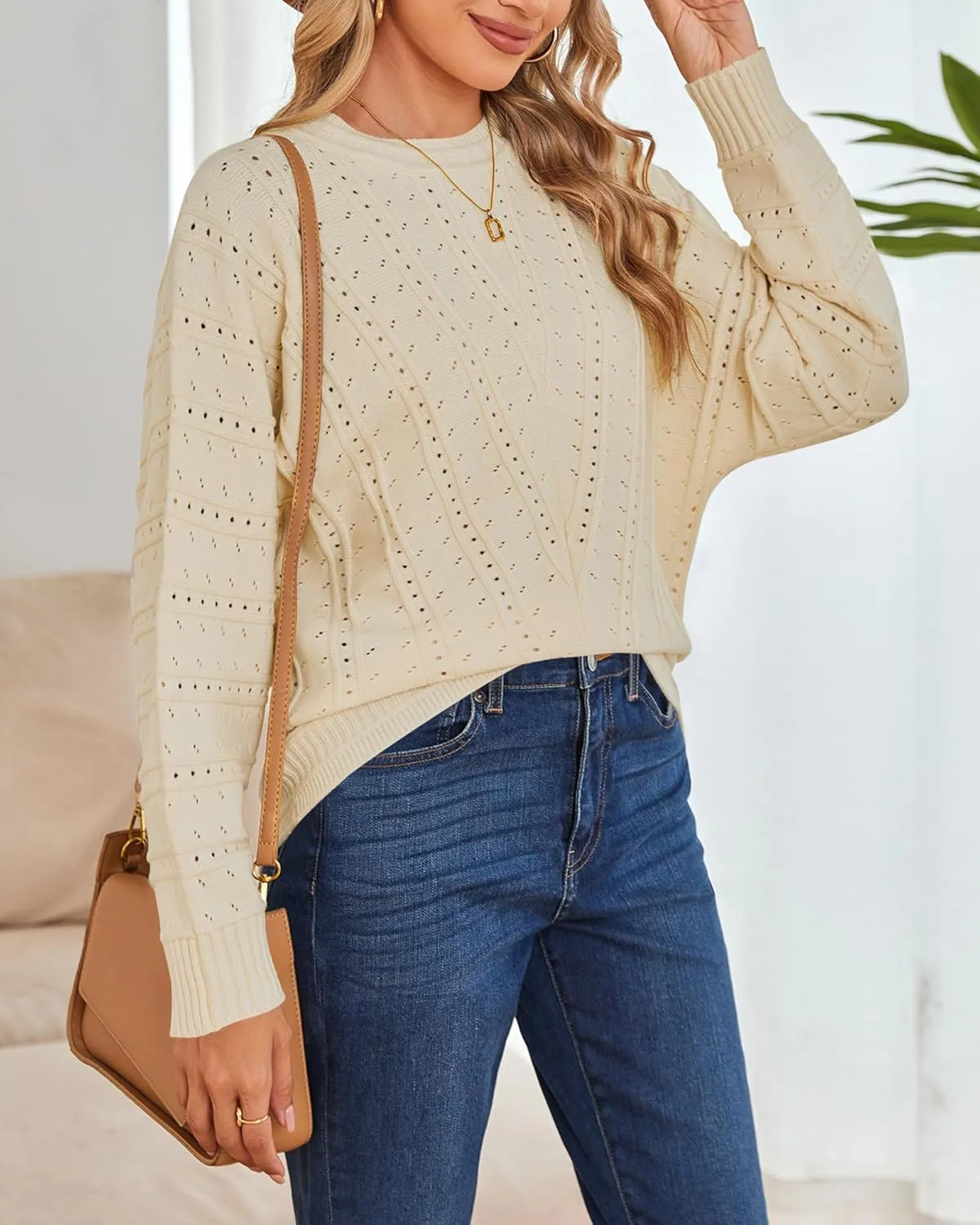 Cakulo Womens 2024 Sweaters Oversized Fall Tunic Batwing Crochet Pullover Knit Sweater Trendy Crew Neck Top
