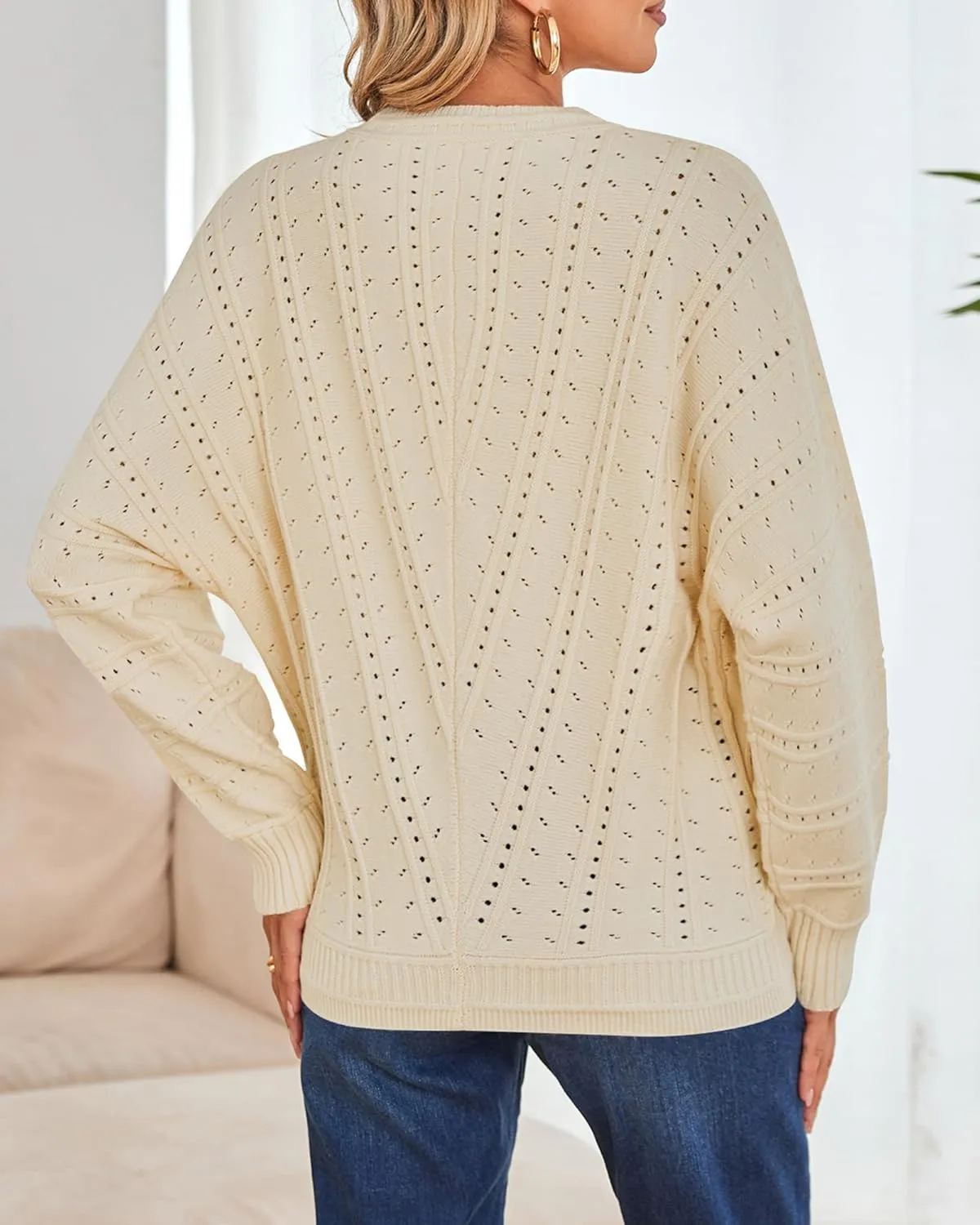 Cakulo Womens 2024 Sweaters Oversized Fall Tunic Batwing Crochet Pullover Knit Sweater Trendy Crew Neck Top
