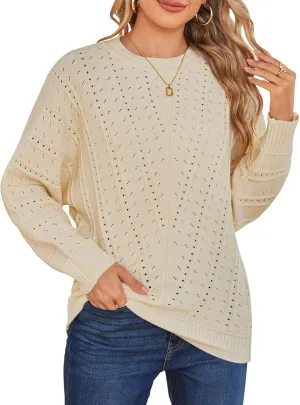 Cakulo Womens 2024 Sweaters Oversized Fall Tunic Batwing Crochet Pullover Knit Sweater Trendy Crew Neck Top