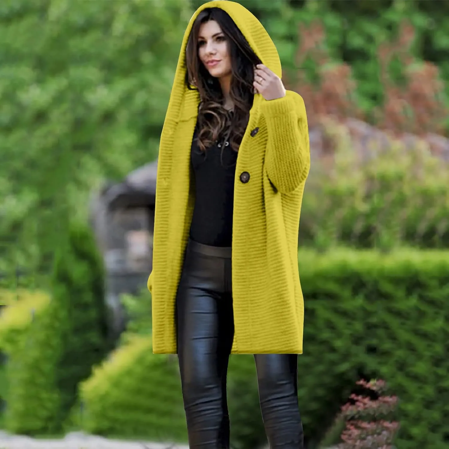 Cardigan for Women Long Sleeve Pure Color Hooded Outwear Loose Long Sweater Buttons Cardigan