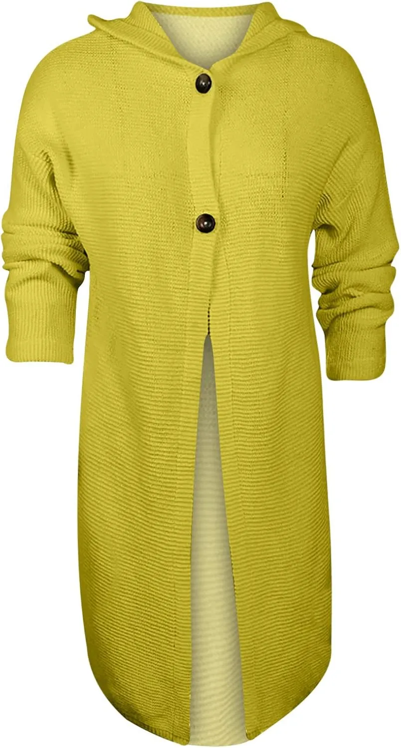 Cardigan for Women Long Sleeve Pure Color Hooded Outwear Loose Long Sweater Buttons Cardigan