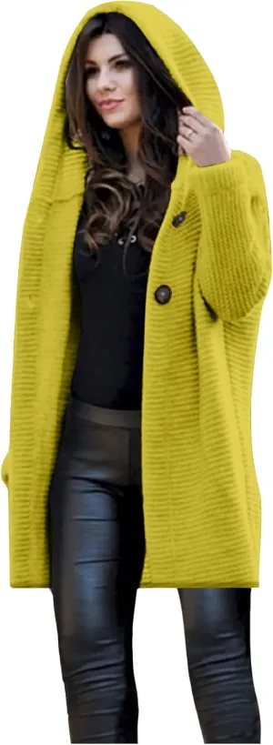 Cardigan for Women Long Sleeve Pure Color Hooded Outwear Loose Long Sweater Buttons Cardigan