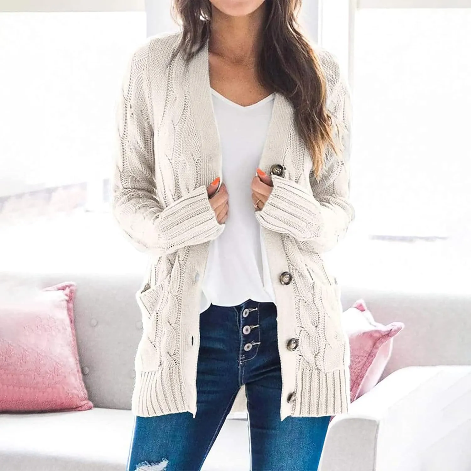 Cardigan Sweaters for Women Button Long Sleeve Cable Knit Sweater Loose Open Front Casual Fall Fashion Cardigans