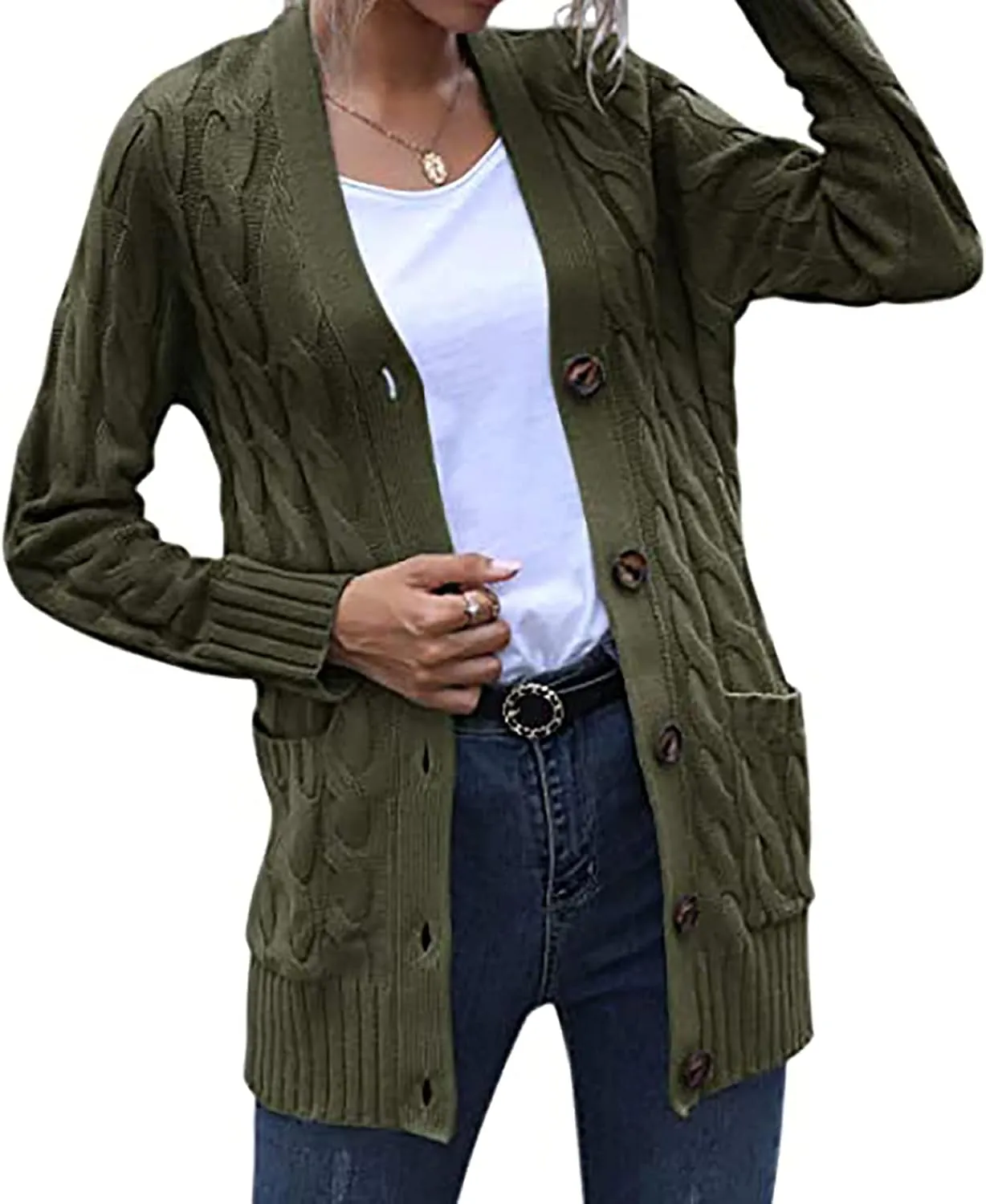 Cardigan Sweaters for Women Button Long Sleeve Cable Knit Sweater Loose Open Front Casual Fall Fashion Cardigans