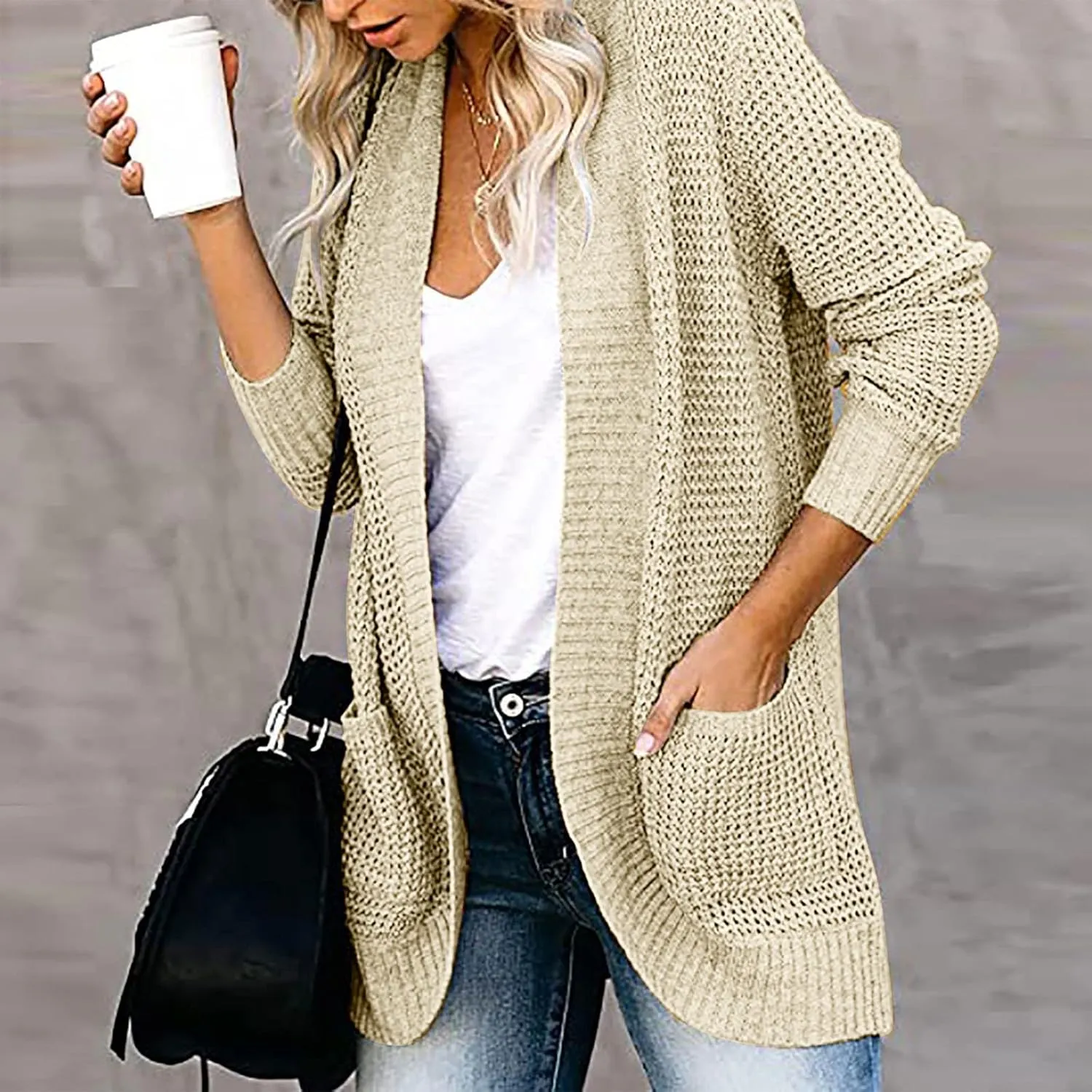 Cardigan Sweaters for Women Lightweight Long Sleeve Open Front Coat Casual Loose Knit Outwear with Pockets
