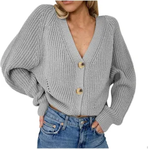 Cardigan Sweaters for Women Lightweight Open Front Chunky Knit Long Sleeve V Neck Button Loose Cropped Cardigan