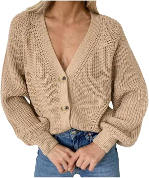 Cardigan Sweaters for Women Lightweight Open Front Chunky Knit Long Sleeve V Neck Button Loose Cropped Cardigan