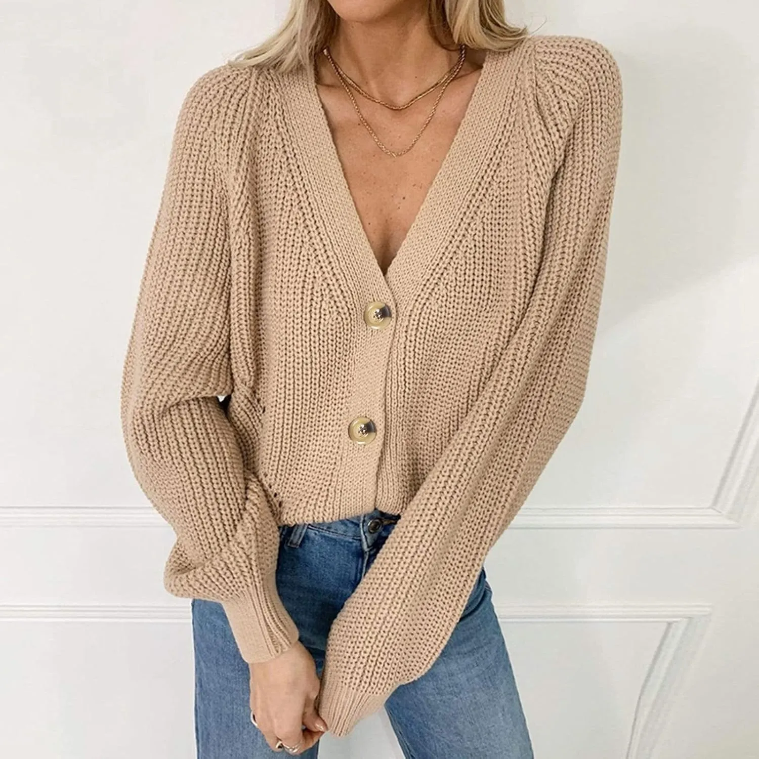 Cardigan Sweaters for Women Lightweight Open Front Chunky Knit Long Sleeve V Neck Button Loose Cropped Cardigan