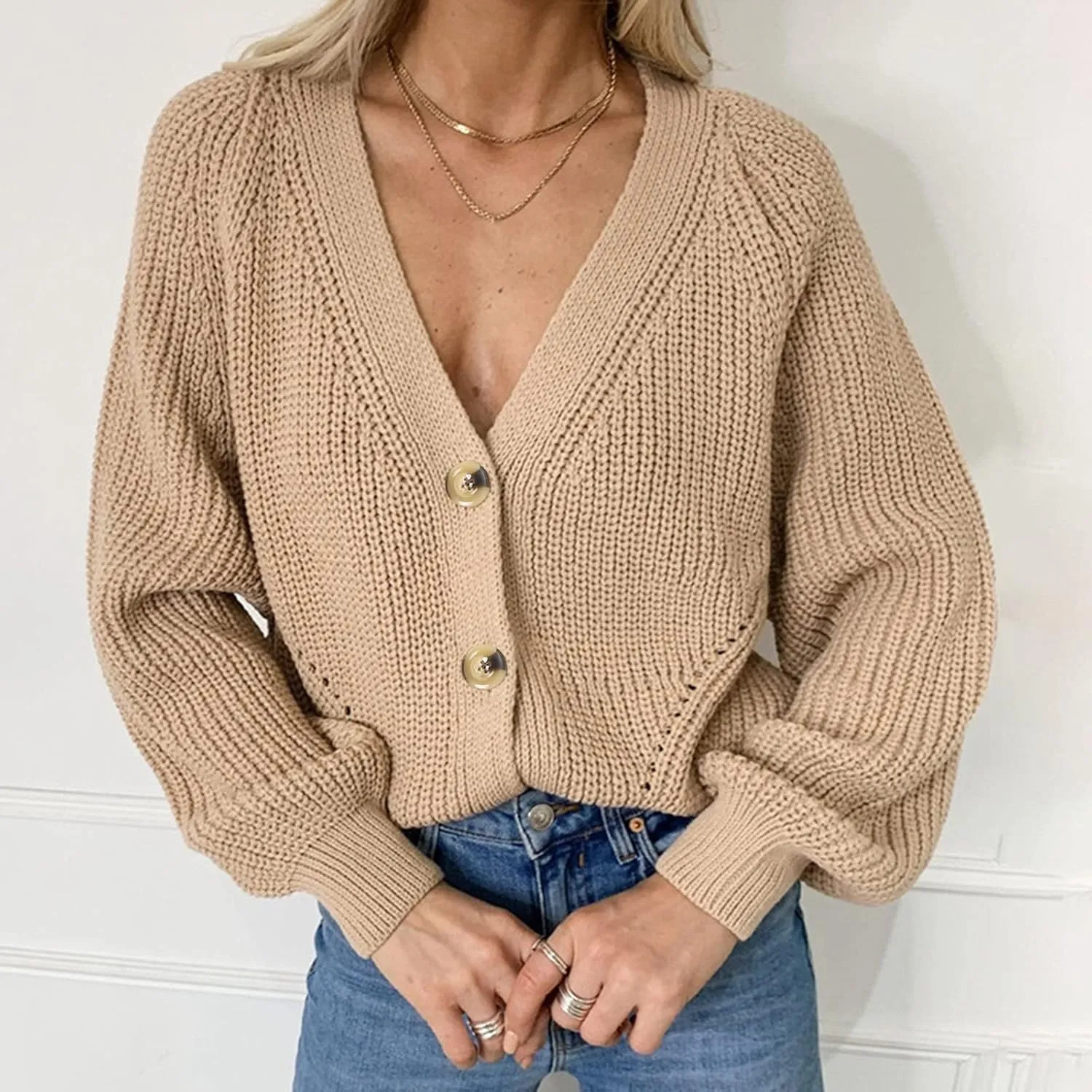 Cardigan Sweaters for Women Lightweight Open Front Chunky Knit Long Sleeve V Neck Button Loose Cropped Cardigan