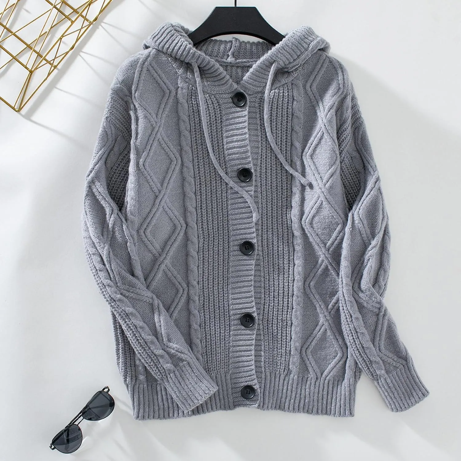 Cardigan Sweaters For Women Soft Chunky Button Down Hooded Sweater Fashion Cable Knit Open Front Cardigans Drawstring