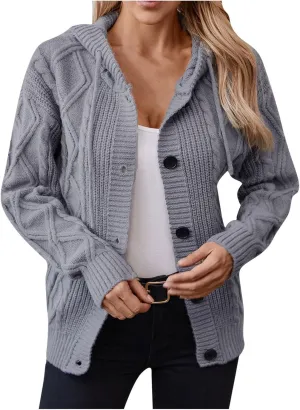 Cardigan Sweaters For Women Soft Chunky Button Down Hooded Sweater Fashion Cable Knit Open Front Cardigans Drawstring