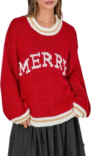 CHARTOU Fall Chunky Pullover Sweaters for Women 2024 Trendy Y2k Knit Letter Contrast Color Outwear Tops Cute
