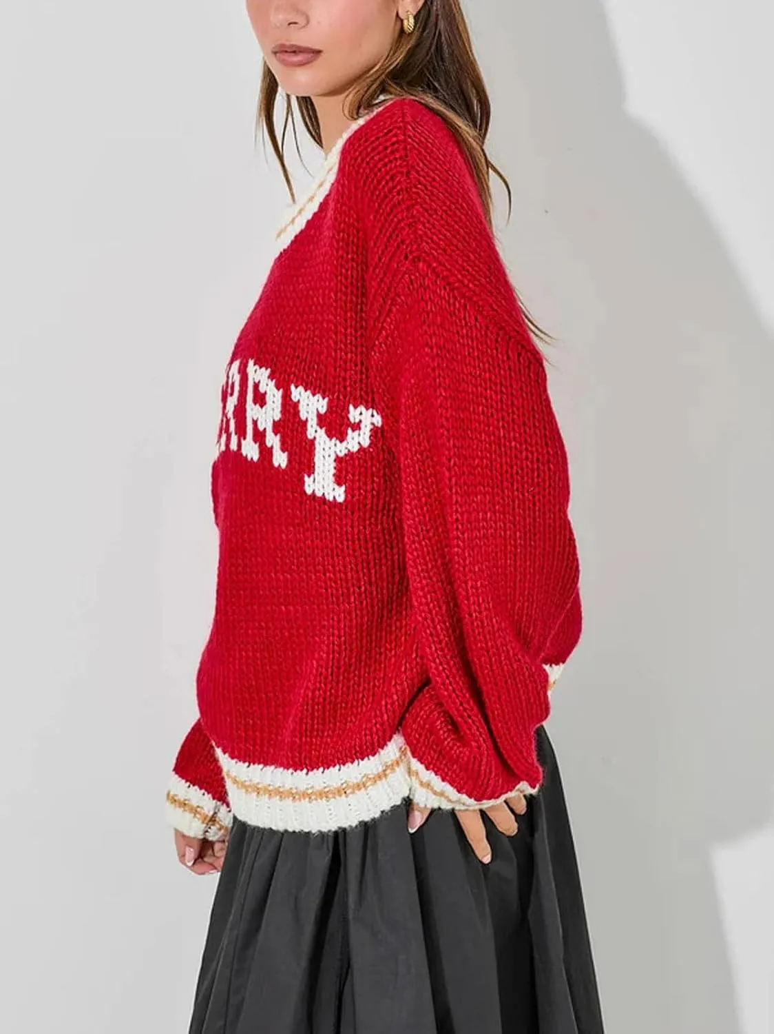 CHARTOU Fall Chunky Pullover Sweaters for Women 2024 Trendy Y2k Knit Letter Contrast Color Outwear Tops Cute