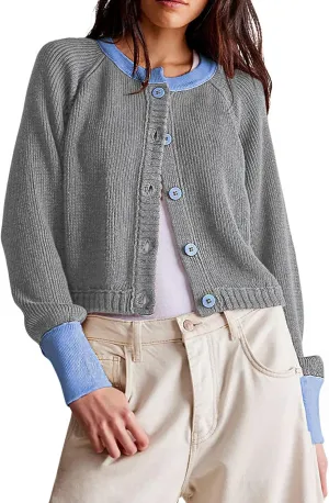 CHARTOU Women Button Up Cable Knit Sweater Jacket Fall Color Block Short Knitted Cropped Cardigan Sweater Y2k Crop Top