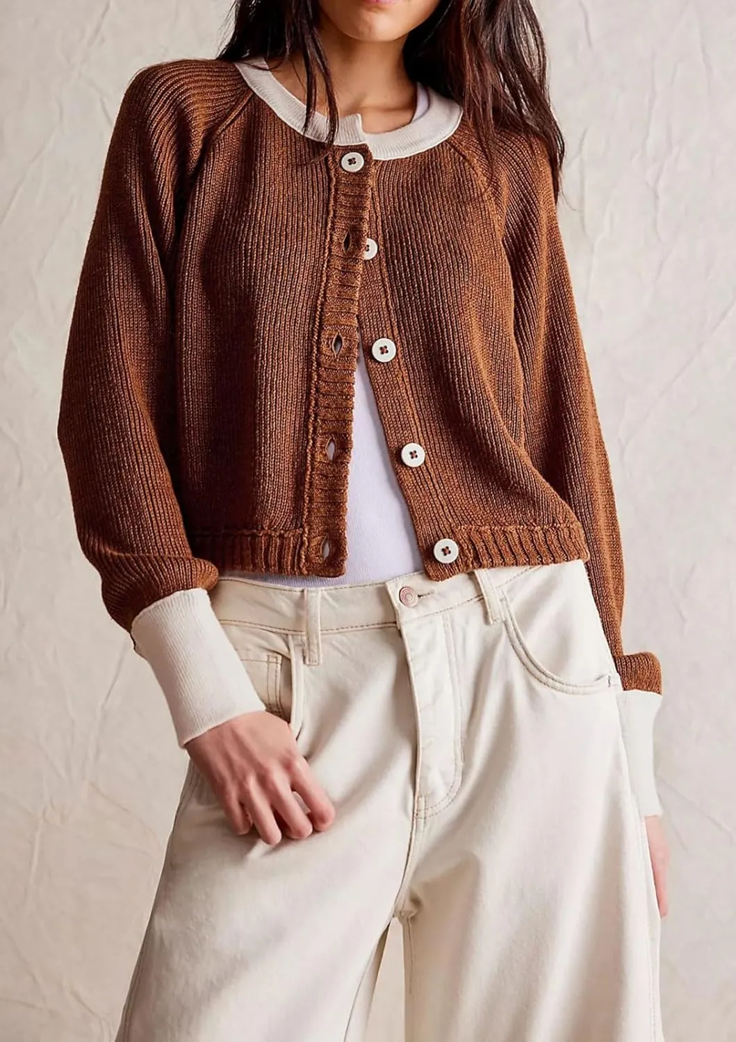 CHARTOU Women Button Up Cable Knit Sweater Jacket Fall Color Block Short Knitted Cropped Cardigan Sweater Y2k Crop Top